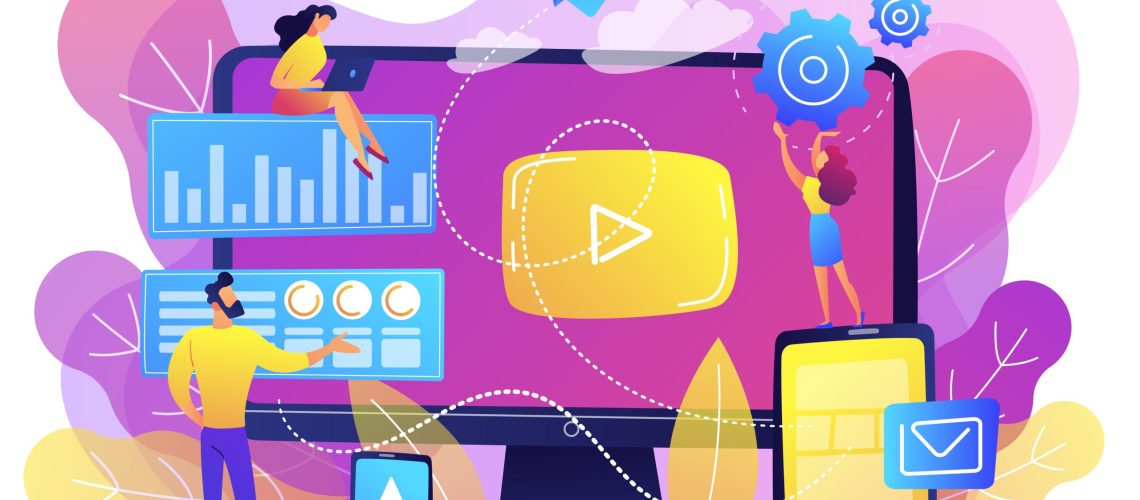 PPC advertising managers work with websites. PPC campaign, pay-per-click model, internet marketing tools, search engine advertising concept. Bright vibrant violet vector isolated illustration