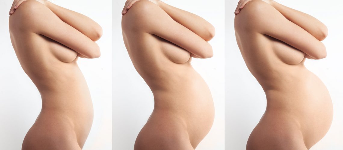 Nude,Anonymous,Pregnant,Woman,Profile,On,White,Background.,Different,Trimesters.